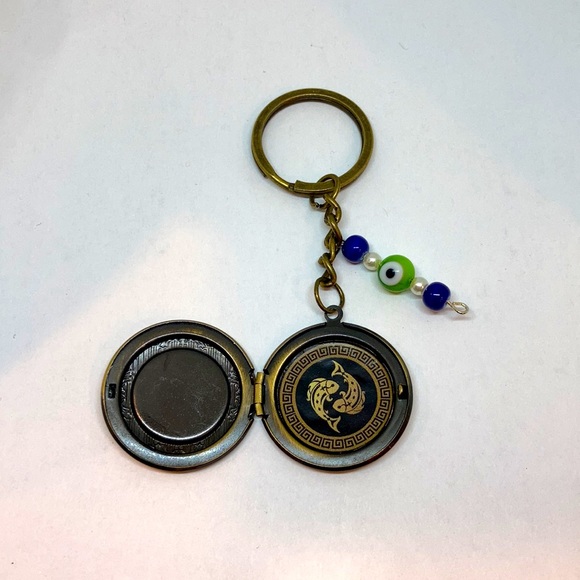 Zodiac Pisces Locket Keychain: Intuition with Greek Key and Evil Eye Charm - Picture 2 of 3